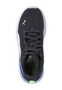Chaussure de sport en mesh noir avec des accents gris et bleu, dotée de lacets, d'un logo vert et d'une semelle intérieure texturée. Semelle en caoutchouc blanc.
