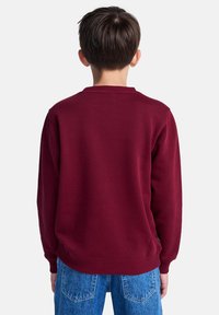 A child stands with their back facing the camera, wearing a burgundy sweatshirt and blue jeans against a plain light background.