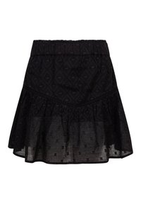 Jupe noire en tissu texturé, avec une taille smockée, un ourlet à volants superposés et un motif en losanges gaufré sur l'ensemble.