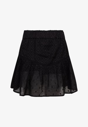 Zwarte rok van een gestructureerde stof, met een gerimpelde tailleband, gelaagde ruches aan de onderkant en een reliëfdiamantpatroon overal.