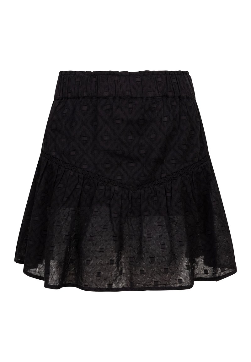 Jupe noire en tissu texturé, avec une taille smockée, un ourlet à volants superposés et un motif en losanges gaufré sur l'ensemble.