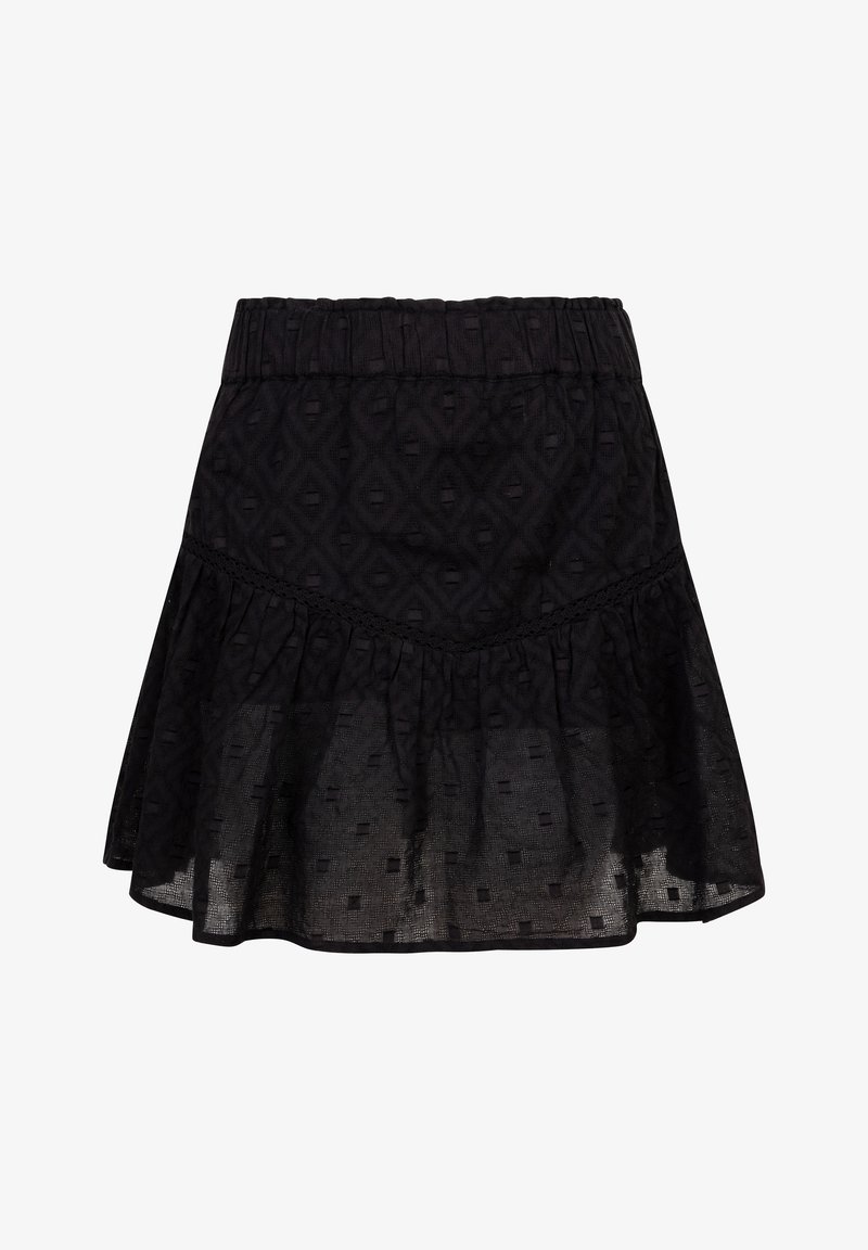 Schwarzer Rock aus einem strukturierten Stoff, mit einem Taillengummi, geschichteter Rüsche am Saum und eingeprägtem Diamantmuster überall.