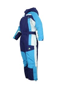 Marinblå, akvamarin och vit isolerad snowsuit med huva, bälte i midjan och dragkedja framtill. Har vertikala ränder och förstärkta knän.