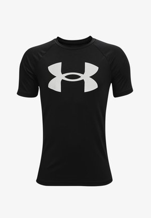 Musta lyhythihainen urheilupaita, joka on valmistettu sileästä, joustavasta kankaasta ja jossa on suuri valkoinen logo edessä. Pyöreä pääntie ja raglan-hihat.