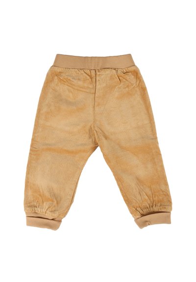 Pantaloni in corduroy marrone chiaro per bambini con elastico in vita e polsini, mostrati distesi su uno sfondo bianco.