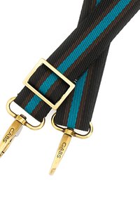Suspenders a strisce marroni e nere con strisce d'accento turchesi. Presentano clip in metallo color oro e un regolatore rettangolare scorrevole.