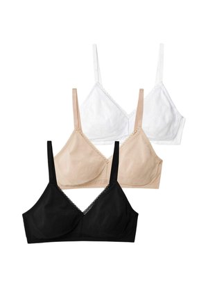 Three bras in black, beige, and white. Each has a soft fabric, triangular cups, thin straps, and lace trim along the neckline.
