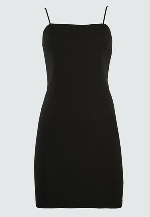 Zwarte mouwloze nauwsluitende mini-jurk met dunne schouderbandjes en vierkante halslijn op een effen achtergrond.