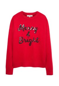 Maglione rosso con collo a giro, con testo in paillettes "Merry & Bright" in nero. Tessuto morbido con polsini e orlo a coste.