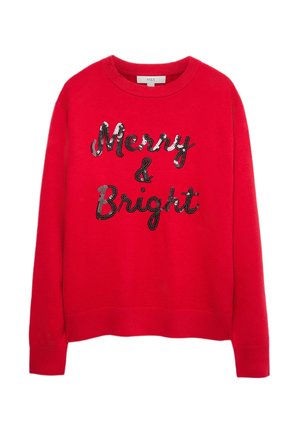 Maglione rosso con collo a giro, con testo in paillettes "Merry & Bright" in nero. Tessuto morbido con polsini e orlo a coste.