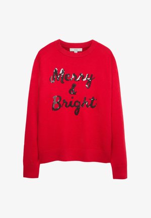 Maglione rosso con collo a giro, con testo in paillettes "Merry & Bright" in nero. Tessuto morbido con polsini e orlo a coste.