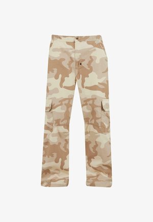 Cargo nohavice v béžovom a svetlohnedom kamuflážnom vzore, s dvoma bočnými vreckami, gombíkovým zapínaním a elastickým pásom.