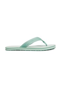 Šviesiai mėtų žalios flip-flop tipo šlepetės su tekstūruota gumine padu, audinio dirželiu su įspaustu logotipu ir kontrastingomis baltomis juostelėmis ant pado.