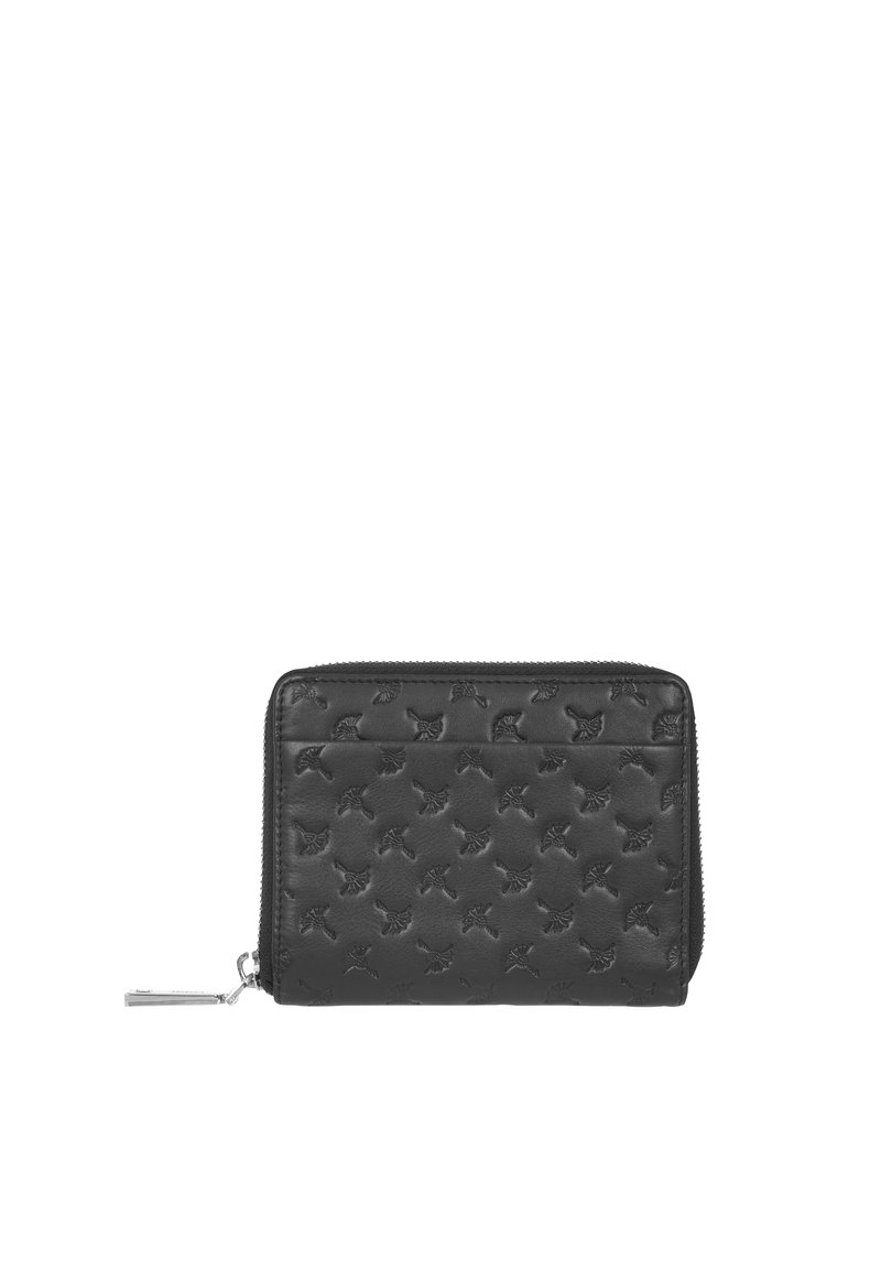 Portafoglio in pelle nera con design impresso, chiusura a zip e dettagli in metallo argentato. Forma rettangolare compatta con superficie testurizzata.