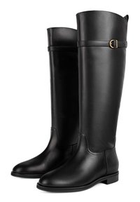 Black leather knee-high boots with a sleek design, featuring a gold-tone buckle accent and a low stacked heel. Smooth texture throughout.