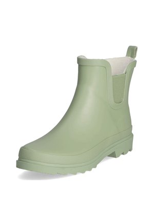 Jasnozielony gumowy kalosz sięgający do kostki z paskiem do ściągania i elastycznymi bocznymi panelami, wyposażony w grubą, teksturowaną podeszwę zapewniającą przyczepność.