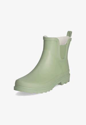 Hellgrüner knöchelhoher Gummiregenstiefel mit Zuglasche und elastischen Seitenpaneelen, mit einer dicken, strukturierten Sohle für guten Halt.