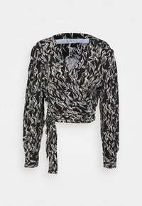 Haut cache-cœur noir à manches longues, présentant un motif abstrait blanc, noué à la taille, avec un décolleté en V. Tissu léger avec une texture lisse.