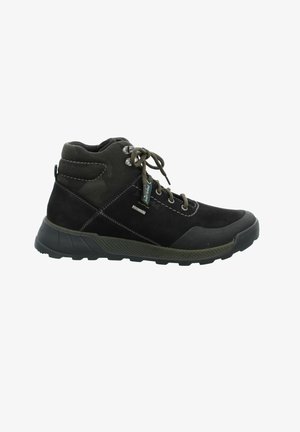 Schwarze und grüne Wanderschuhe mit einem Obermaterial aus Wildleder und Stoff, runden Schnürsenkeln, gepolstertem Schaft und strukturiertem Gummisohle. Mit einem Camouflage-Akzent.