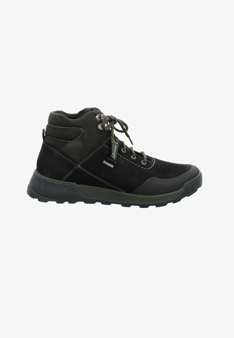 Scarpe da hiking nere e verdi con tomaia in suede e tessuto, lacci rotondi, colletto imbottito e suola in gomma testurizzata. Presentano un accento camouflage.