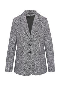 Blazer pour femme à motif chevrons en noir et blanc, avec revers crantés, deux boutons à l'avant et poches à rabat.