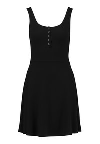 Schwarzes ärmelloses Kleid mit gerippter Textur, tailliertem Oberteil und schwingendem Rock; verfügt über fünf Knöpfe vorne und einen runden Ausschnitt.