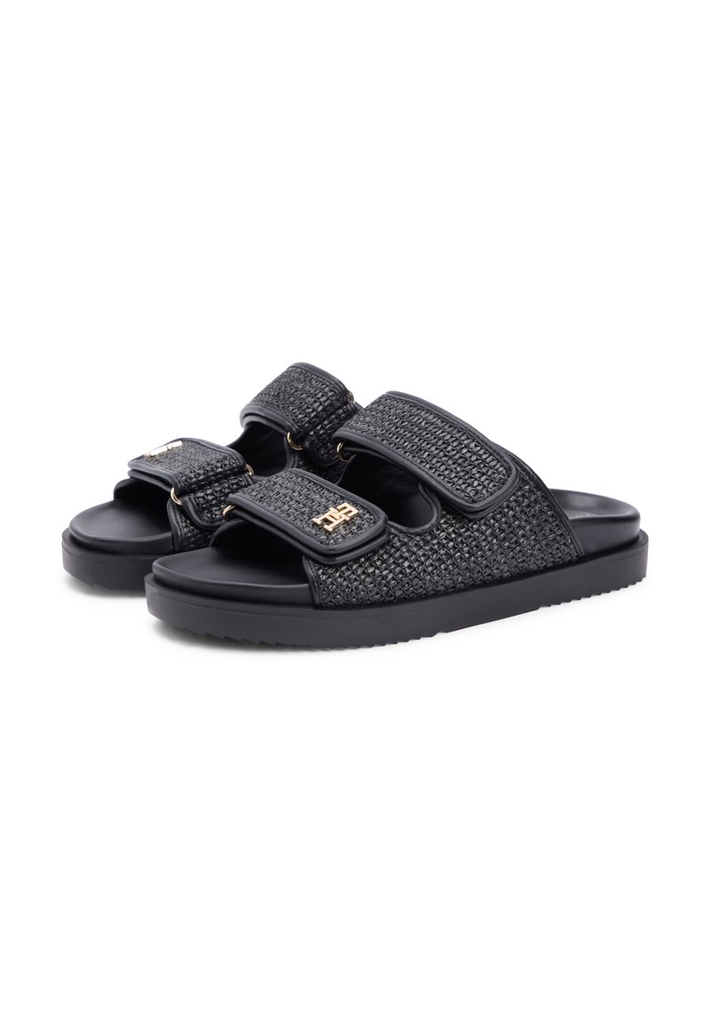 Tommy Hilfiger RAFFIA TH MONOGRAM DOUBLE STRAP SANDALS - Páskové sandály - black
