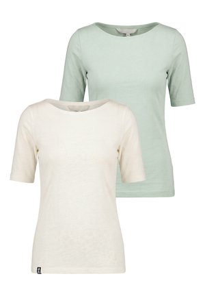 Zwei einfarbige, kurzärmelige T-Shirts mit Rundhalsausschnitt in Hellbeige und Pastellgrün, vorderseitig auf weißem Hintergrund gezeigt.