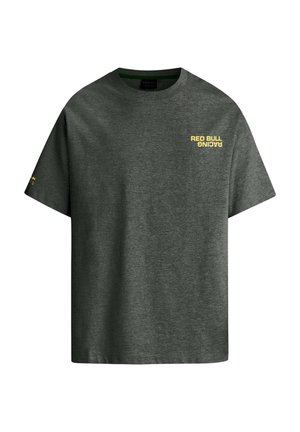 Hall hallist puuvillast T-särk lühikeste varrukatega, ümara kaelusega, millel on kollaselt trükitud tekst "RED BULL RACING" ees ja väike logo varrukal.