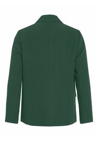 Grønn skreddersydd blazer laget av et glatt stoff. Har en notched krage, lange ermer og en rett kutt uten dekorasjoner.