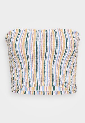 Strapless cropped top with a smocked design in vertical stripes of yellow, green, pink, and blue. Features ruffled edges and elastic material.