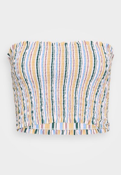 Uten skulderstropper, kort topp med smock-design i vertikale striper av gult, grønt, rosa og blått. Har volangkanter og elastisk materiale.