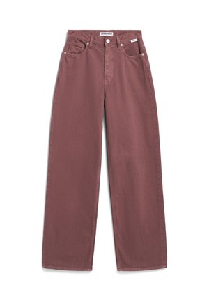 Wide-leg, high-waisted pants in dark mauve, made of cotton. Features front pockets, a button fly, and stitched seams.