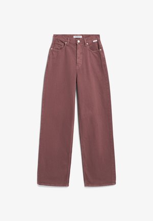 Lockere, hoch taillierte Hose in dunklem Mauve, aus Baumwolle gefertigt. Verfügt über vordere Taschen, einen Knopfverschluss und gestickte Nähte.