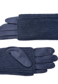 Marineblaue Handschuhe mit einer strukturierten, wollähnlichen Oberseite und glatten Fingerspitzenakzenten; ein Handschuh hat eine Daumenklappe für einen einfachen Zugriff.