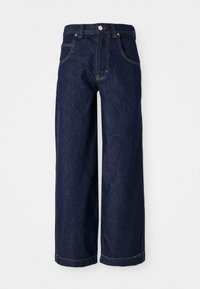 Temno modri jeans z širokimi nogavicami in visokim pasom, z dvema sprednjima žepoma, enim zadnjim žepom in kontrastnim šivanjem.