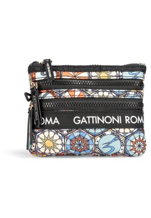 Portafoglio con zip in tessuto, caratterizzato da un motivo geometrico multicolore. Presenta tre sezioni con cerniera e una fascia in tessuto nero con testo bianco.