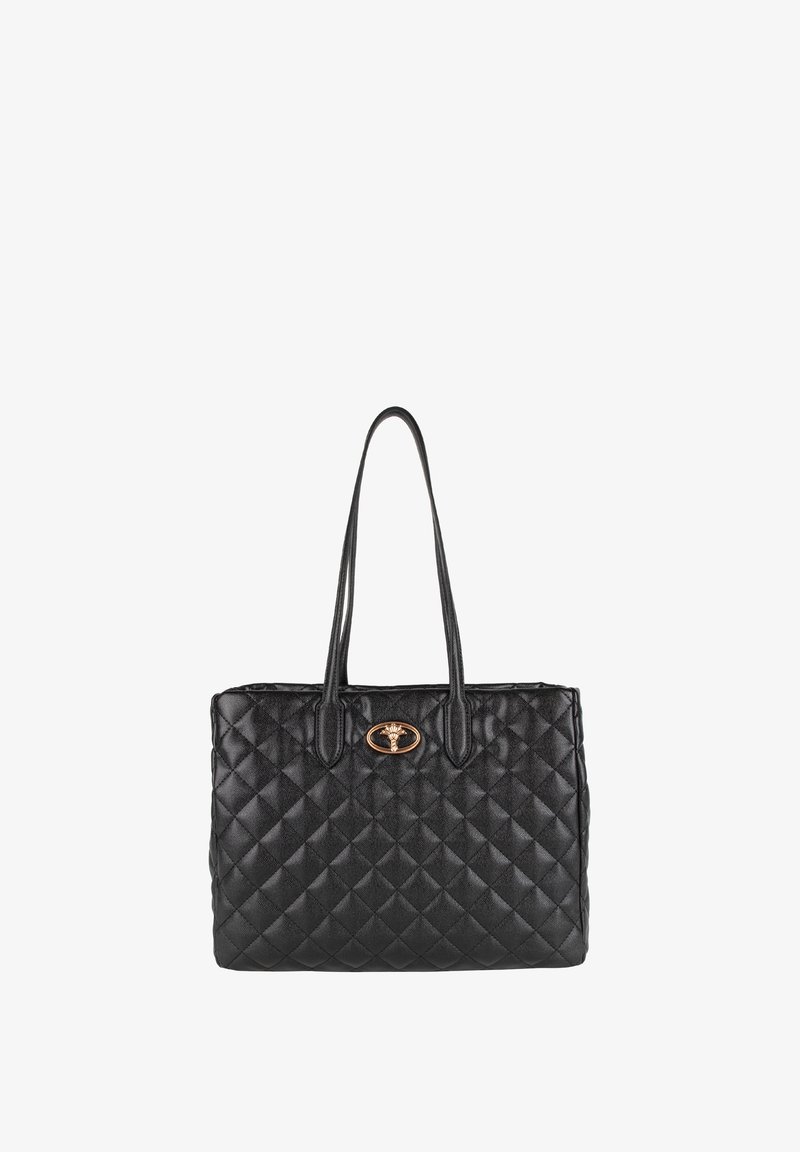 Sac fourre-tout en cuir matelassé noir avec doubles poignées et un petit emblème ovale doré centré à l'avant.