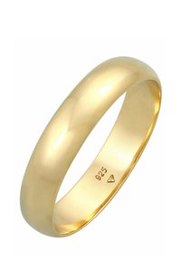 Goldfarbener Ring mit einer glatten, polierten Oberfläche. Verfügt über ein einfaches, rundes Banddesign. Innen eingraviert mit "925", was auf den Silbergehalt hinweist.