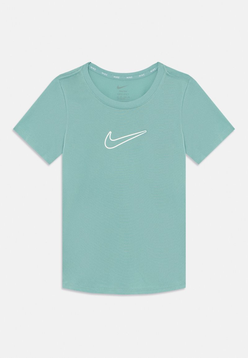 T-shirt à manches courtes bleu clair en tissu lisse, arborant un logo Nike swoosh blanc sur la poitrine et un col rond.