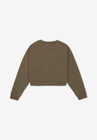 Sweatshirt court en vert olive, fabriqué en tissu doux. Comprend des manches longues, un col rond, et des bords-côtes aux poignets et à l'ourlet.