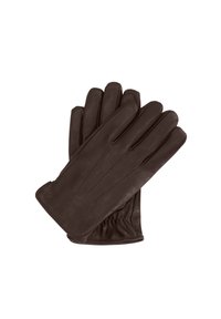 Mănuși din piele maro, cu o textură netedă, design cu cinci degete și încheietură elasticizată pentru o potrivire sigură.
