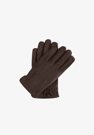 Guanti in pelle marrone con una consistenza liscia, design a cinque dita e polsino elasticizzato per una vestibilità sicura.