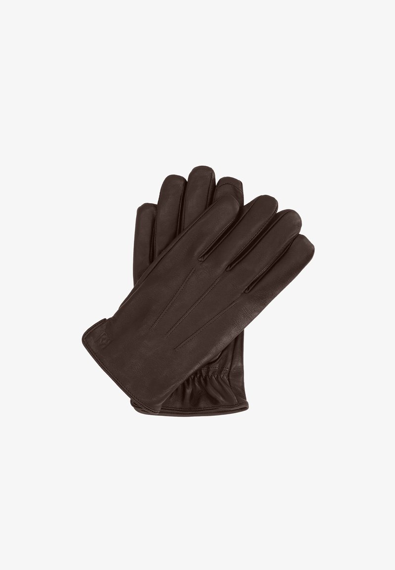 Barna bőrből készült kesztyűk sima felületűek, ötujjas kialakítással rendelkeznek, és rugalmas csuklórészüknek köszönhetően biztosan illeszkednek.