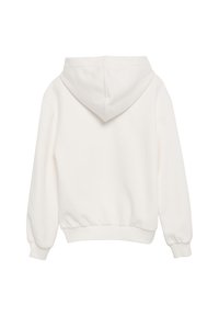 Biała bluza z kapturem, wykonana z miękkiego materiału, z długimi rękawami i ściągaczem w talii. Tylny widok ukazuje prosty, czysty design.