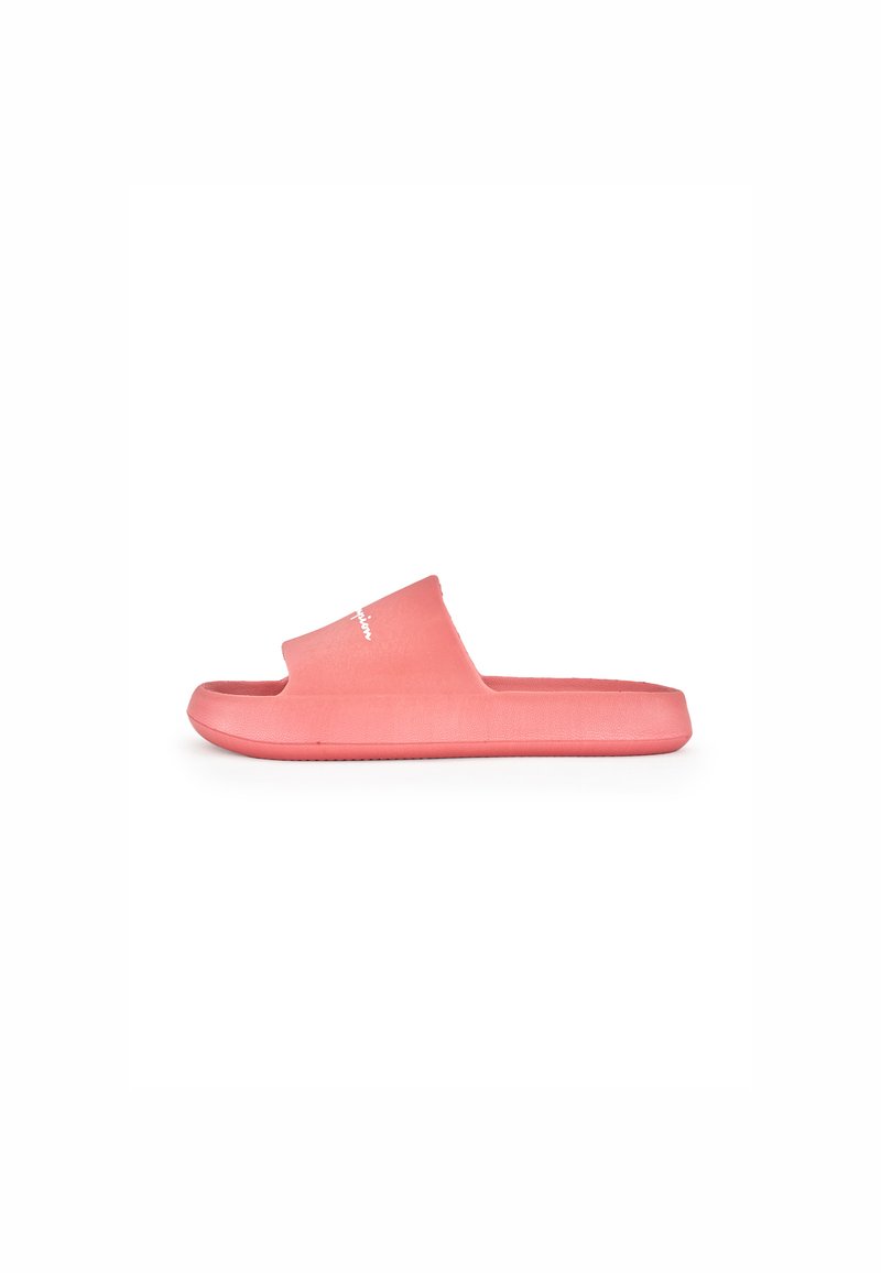 Pink slide sandal featuring a wide strap and textured sole. Made of rubber with a smooth finish and a logo printed on the strap.