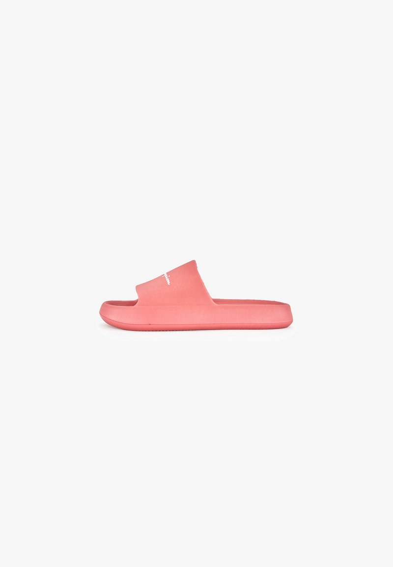 Pink slide sandal featuring a wide strap and textured sole. Made of rubber with a smooth finish and a logo printed on the strap.