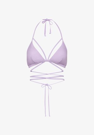 Lila bikini felsőrész, háromszög alakú kosarakkal, állítható pántokkal és keresztezett kialakítással. Simaságával, minimalista szabásával és megkötős záródásával tűnik ki.