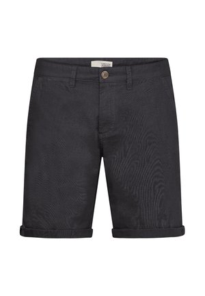 Bermudas de algodón negro con una textura suave, con cierre de botón, puños enrollados y un sutil detalle de patrón en la tela.