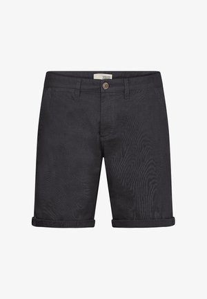 Bermudas de algodón negro con una textura suave, con cierre de botón, puños enrollados y un sutil detalle de patrón en la tela.